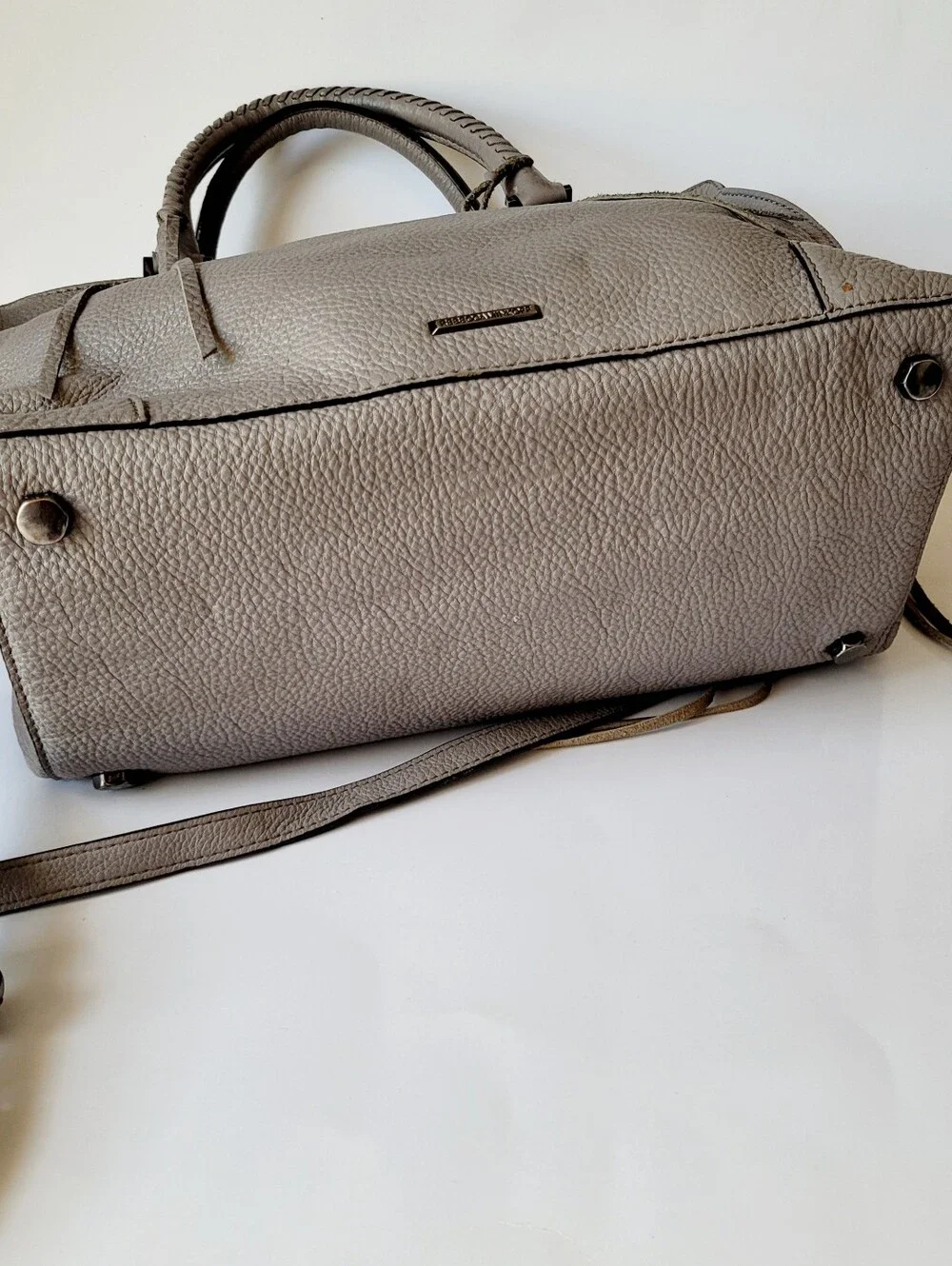 Rebecca Minkoff Regan 100% Genuine Pabbled Leather Bag Laptop Size Taupe Gray
